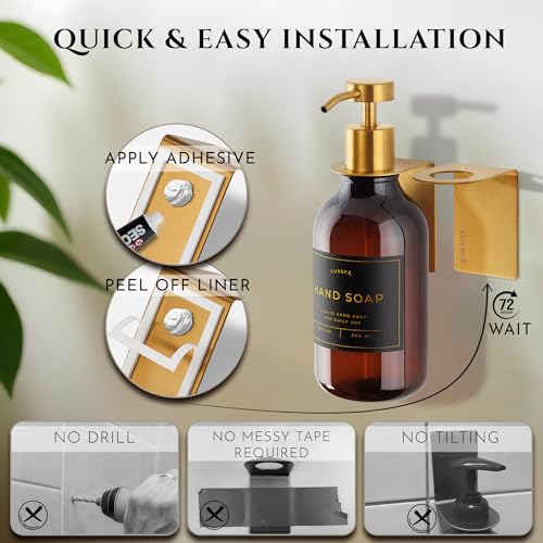 Shower Shampoo Dispenser Wall Mounted – Refillable 16.9 oz Amber Bottle with Stainless Steel Pump & No-Drill Adhesive Holder – Soap Dispenser for Bathroom (1 X Amber/Gold) - image 4