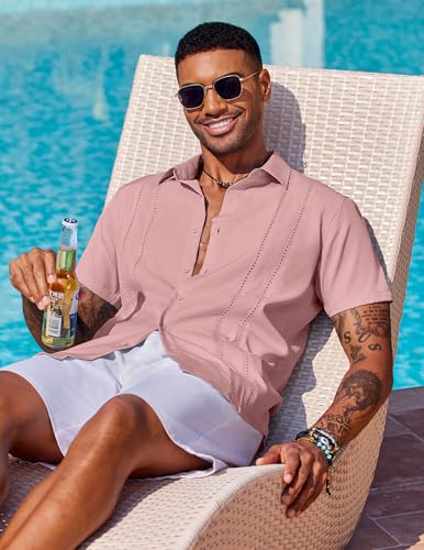 Image of COOFANDY Mens Cuban Guayabera Shirt Short Sleeve Button Down Shirts Summer Beach Vacation Shirts