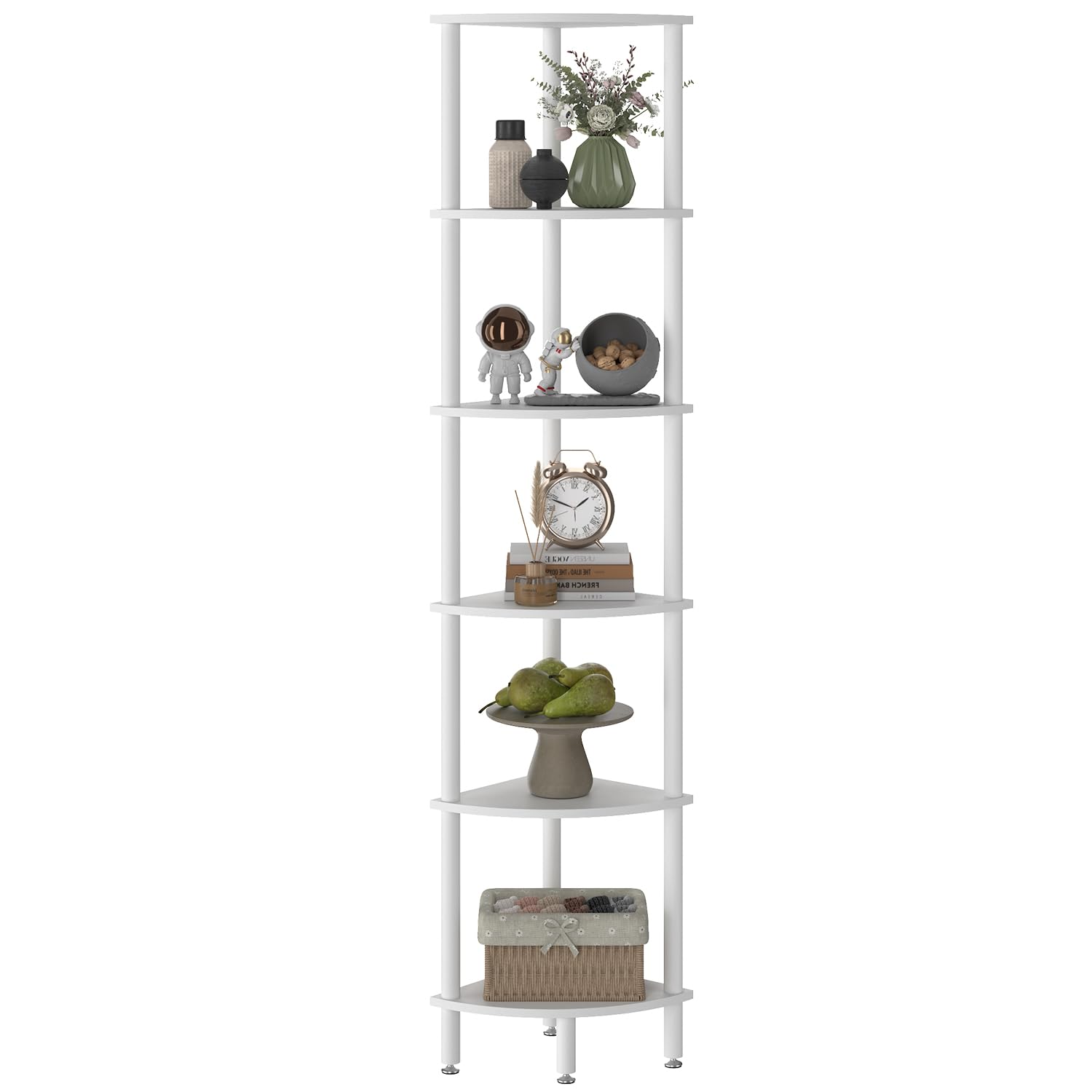 IBUYKE 6 Tier Corner Shelf Stand,Industrial Corner Display Rack,Corner Bookshelf for Living Room, Bedroom, Kitchen, Home Office, White WBC011W