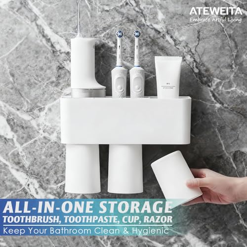 Ateweita Zahnbürstenhalter Ohne Bohren, Zahnputzbecherhalter Wand, Zahnputzbecher Magnetisch mit Halterung, Toothbrush Holder Without Drilling für Badezimmer Organizer (1, Weiß, 26 * 19cm) 2