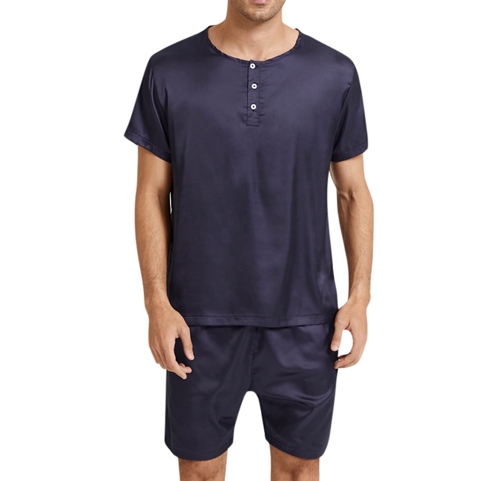 Pigiama Uomo In Pura Seta - Set Corto Estivo Con Bottoni, Maniche Corte E Pantaloncini, Colore Blu, Taglia XL, Morbido E Traspirante Per L'Estate