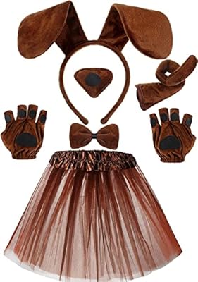 6 Pieces Puppy Dog Tutu Skirt Animal Costume Set Dog Ears Headband Bow Tie Fake Nose Tail Puppy Paw Gloves and Brown Tutu Skirt for Halloween Cosplay Party