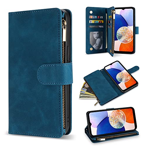 ZZXX for Samsung Galaxy A14 5G Wallet Case with RFID Blocking Card Slot PU Leather Zipper Flip Folio with Strap Kickstand Protective Cover for Samsung Galaxy A14 5G Case Wallet(Blue-6.6 inch)