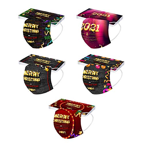 BEUU 50PCS 2021 Happy New Year Disposable Face_Covering for Adults,5-types 3-ply Non-Woven Fabric with Elastic Earloops,Fireworks Camouflage Pattern, High Filtration and Ventilation Security