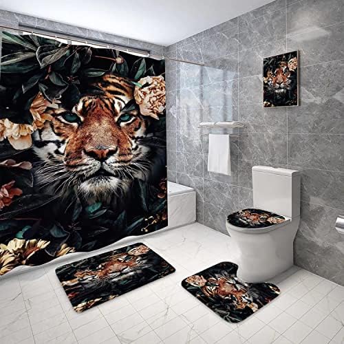4 Pcs Leopard Cheetah Shower Curtain Sets with 12 Hooks