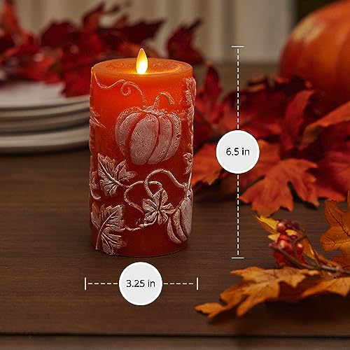 Image of Luminara Embossed Leaves and Pumpkins Moving Flame Pillar Candle 3.25 inch x 6.5 inch with Recessed Edge Unscented Real Wax LED Battery Operated Candle Lights