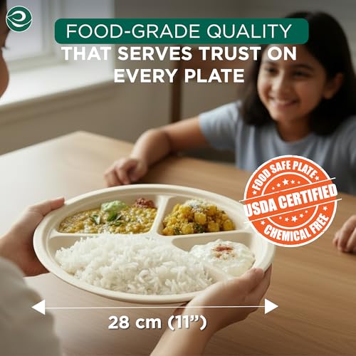 Image of ECO SOUL | Round 4 Compartment Bagasse Plates | 11 Inch - Pack of 25 | Disposable Plates Big Size | Beige Eco-Friendly Sugarcane Plates | Sturdy, Compostable & Heat-Safe