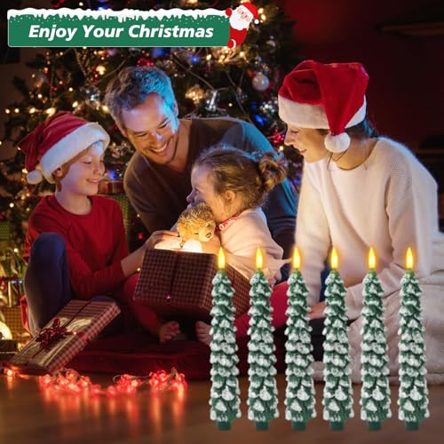 Image of Flameless Candles with Remote - 6 Pack Christmas Tree Candles, Battery Operated Snowy Tree Design, 3D Flickering Flame, Safe Holiday Home Decor for Christmas Decorations & Gifts