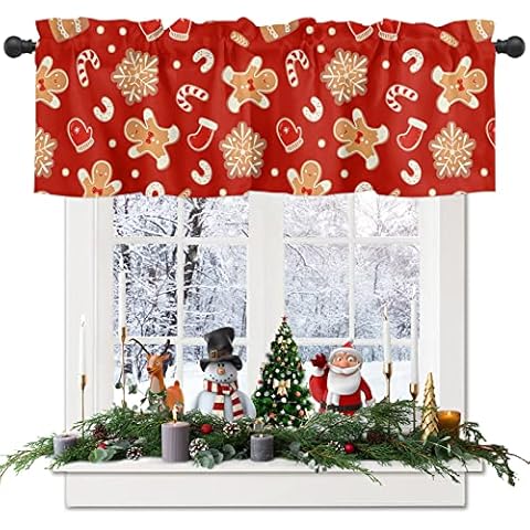 Zadaling Valance Curtain for Kitchen,Christmas Gingerbread Man Red Short Window Valance for Living Room,Rod Pocket Valances for Bedroom,Window Treatment Valance 1 Panel 42" x 18" Cover