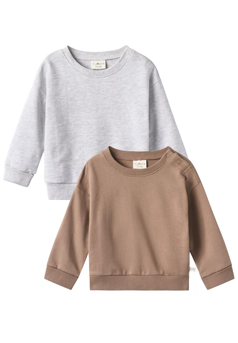 Tiny One Baby Pullover aus Bio Baumwolle I 2er-Pack – braun & grau | Weicher & bequemer Baby Pullover mit Druckknöpfen an der Schulter & Rippbündchen I Sweatshirt Kinder für den Alltag
