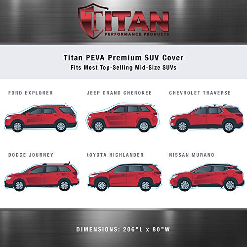 Image of Titan Premium Multi-Layer PEVA Car Cover for Mid-Size SUV 188-206 inch. Waterproof, UV Protection, Anti-Scratch Protective Lining, Driver-Side Zippered Opening. Fits Explorer, Grand Cherokee and More.