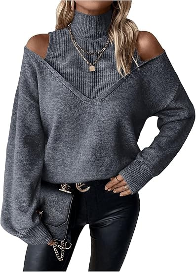 Apvirdy Womens Cold Shoulder Sweater Ribbed Trim Casual Loose Long Sleeve Mock Neck Sweater Solid Layered Knit Pullover