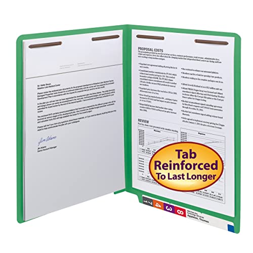 Image of Smead End Tab Fastener File Folder, Shelf-Master Reinforced Straight-Cut Tab, 2 Fasteners, Letter Size, Green, 50 Count (25140)(Pack of 5)