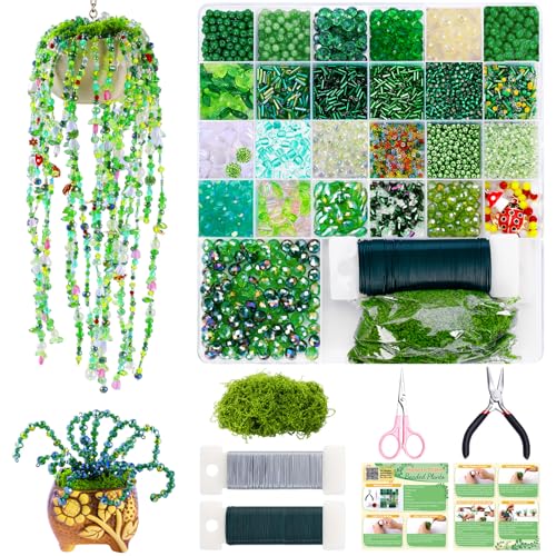 FOGWOWO 5422 Pcs Beaded Plant Kit Forever Plant Kit Green Glass Beads for Plant Making Green Beads for Beaded Plants with Video Tutorials Forever Plant Beads Leaf Bead for Jewelry Making DIY Craft