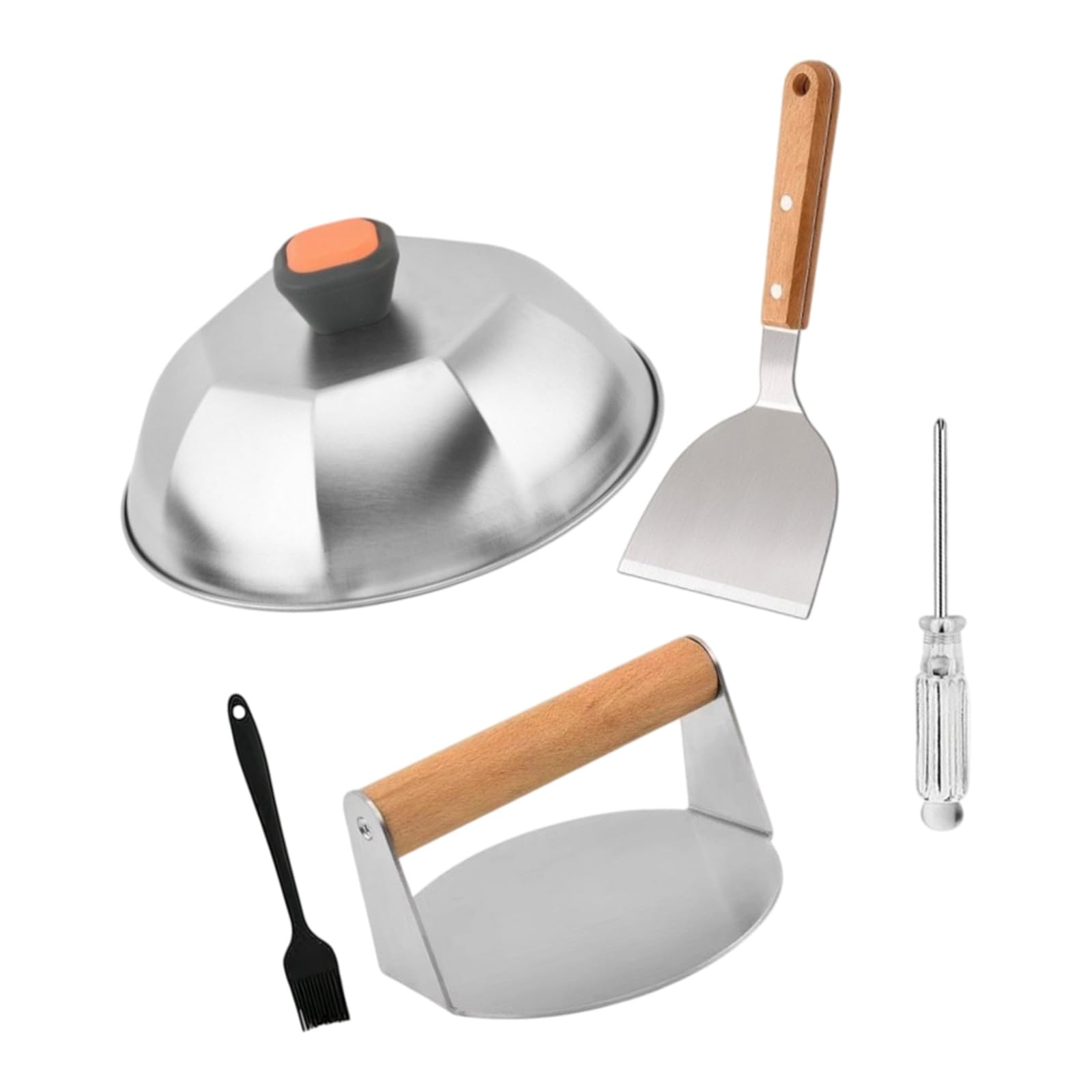 Set utensili per griglia e pressa per hamburger, set da cucina per barbecue da 5 in acciaio inossidabile con cupola per imbastitura, spatola e pennello Pressa per hamburger, strumento