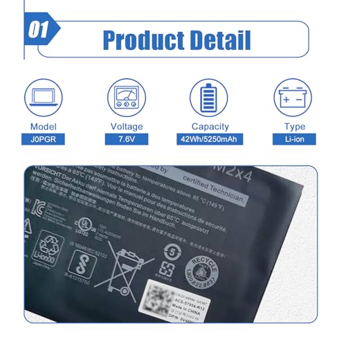 Image of J0PGR Laptop Battery Compatible with Dell Latitude 12 5285 5290 E5285 2-in-1 T17G T17G001 T17G002 Series Notebook 0J0PGR JOPGR 0RDYCT RDYCT 1WND8 X16TW 0X16TW 0FTH6F FTH6F 7.6V 42Wh /5250mAh