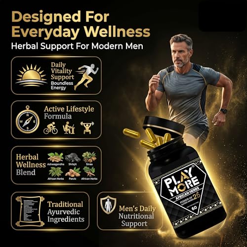 Image of Play More African Herbs Capsules for Men | 25 Ayurvedic Herbs with Ashwagandha, Safed Musli, Shilajit, Kaunch Beej & Tribulus | Men's Daily Wellness Support | 800mg | 60 Capsules