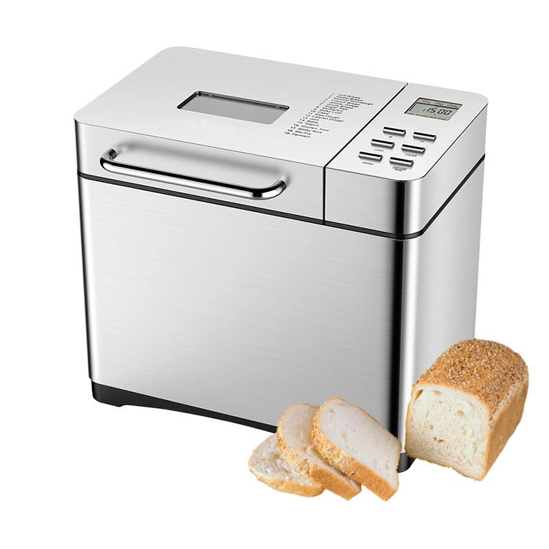 DDNGEJ Máquina para Hacer Pan de Cocina de Acero Inoxidable con Bandeja de cerámica Antiadherente, 17 programas automáticos Personalizados y Temporizador de 15 Horas.
