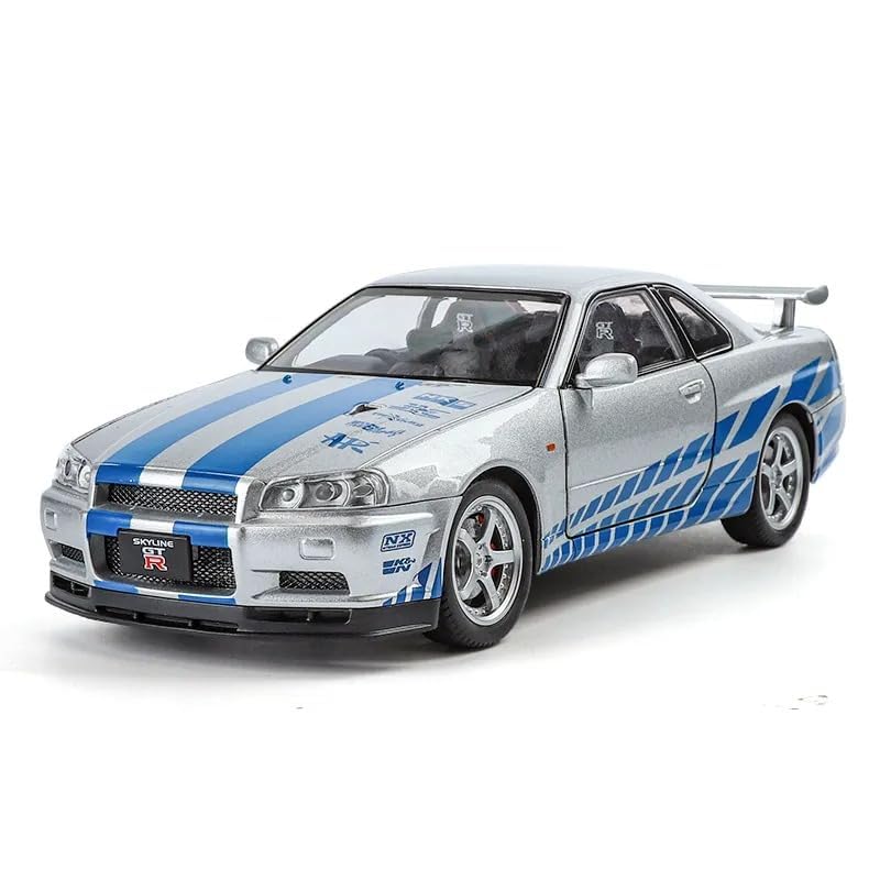 Image of 1:24 Scale Nissaan Skyline GTR-R34 Model Alloy Metal Pull Back Toy car for Kids with Openable Doors & Light, Music Toy Vehicle for Kids (1:24 Nissaan Skyline R-34 (Silver))