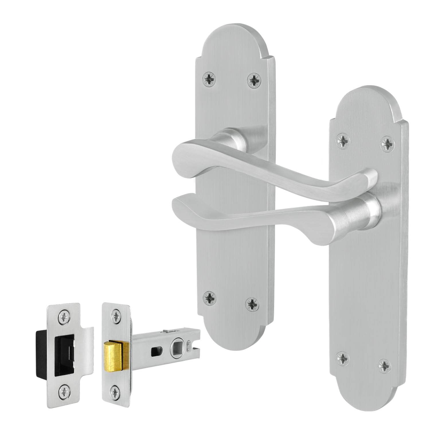 Eai Satin Chrome Satin Door Handles With Latch, 1 Pair Internal Victorian Scroll Shaped Backplate, Latch 64Mm