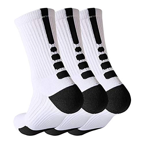 Qiangyun Men 's Elite Basketball Socks, White Cushioned Mid-Calf Athletic Sports Running Compression Socks for Men Women Boys Big girl, Sport Socks A-03,9-12