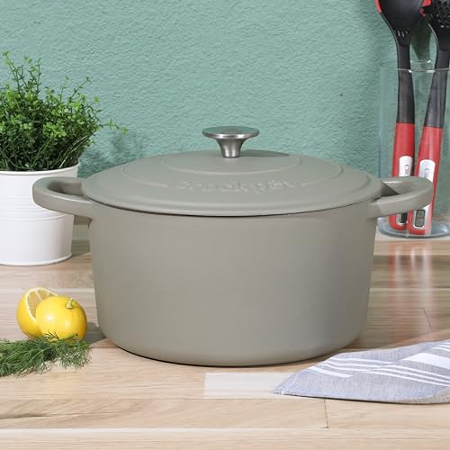Image of Crock-Pot Artisan 7-Quart Round European Enameled Cast Iron Dutch Oven with Lid - Matte Green, Durable Oven Safe Cookware