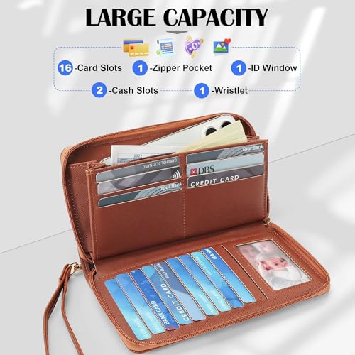 Image of Chelmon Women's Vegan Leather Clutch Wallet with Zip, Hand Strap, Large Capacity, Ch Brown, 8.26 inchx4.5 inchx1 inch, Classic
