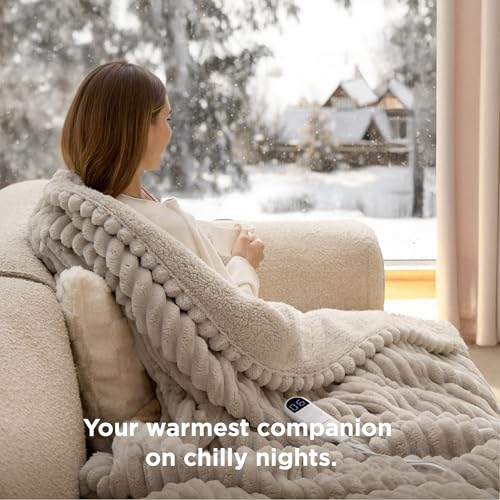 Image of Bedsure Heated Blanket Electric Throw - Thick Striped Flannel Electric Blanket, Heating with 4 Time Settings, 6 Heat Settings, and 3-Hour Timer Auto Shut Off, Gift for Grandma (50x60 inches, Linen)