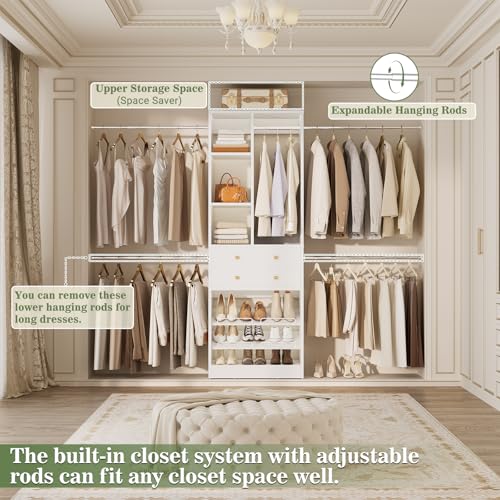 Closet System, 4.2–8.8 FT Closet Organizer with 2 Wooden Drawers and Shelves, Walk-in Closet System with 5 Hang Rods, Built-in Reach in Closet Tower, Can Fit 60 to 96 inch, White - Image 5