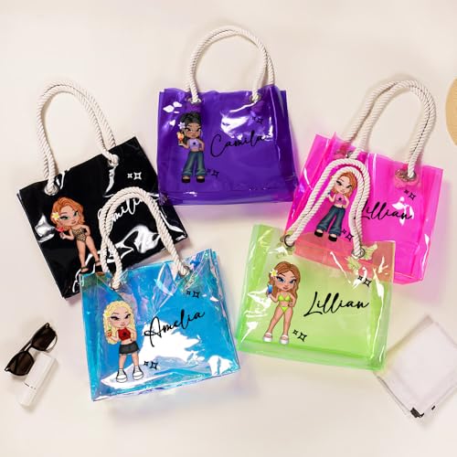 Personalized Clear Tote Bag Waterproof Y2K PVC with Rope Handles Custom Cartoon Character and Name on Neon Clear Beach Bag- Birthday Concert Bridal Party Gift for Women2