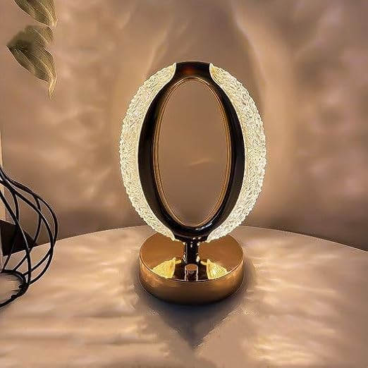 Crystal Shape Table Lamp USB Powered Bedside Night Light Oval Gold Decorative LED Lamp with Acrylic Crystal Light Cover, ABS Body & Metal Base | Warm Ambient Desk Lamp for Bedroom, Living Room-image-0