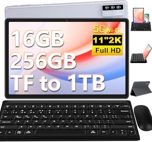 Tablet 11 Pollici Android Tablets, 16GB+256GB(TF 2TB), 8600mAh, 2K FHD Schermo 2000 * 1200, Octa-Core, 4 Altoparlantis, 5MP+13MP+2MP, 2.4G+5G WiFi, BT 5.0, GPS, Tablet con Tastiera+Mouse - Grigio