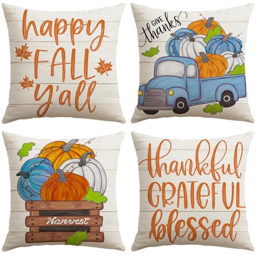 Artscope Fall Decorative Throw Pillow Covers 18x18 Inch Set of 4, Happy Fall Pumpkin Truck Thankful Grateful Blessed Outdoor Farmhouse Pillow Cases for Home Sofa Couch-Orange Beige