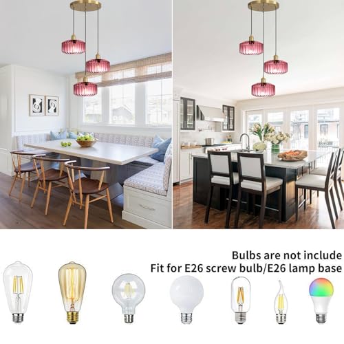 Image of 3-Light Purple Ribbed Glass Cluster Pendant Light, Mid Century Modern Gold Multi-Pendant Ceiling Lamp, Adjustable 59 inch Cord E26 Chandelier for Kitchen Island Dining Room