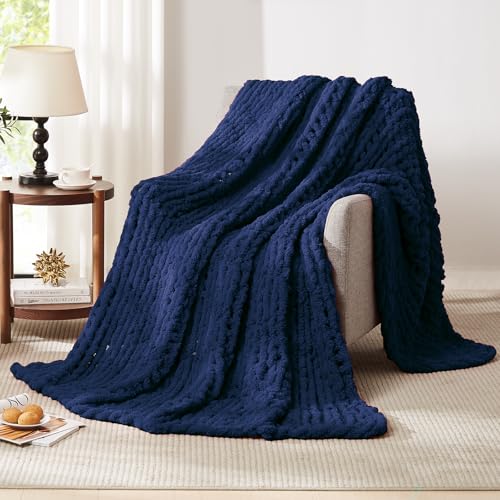L'AGRATY Chunky Knit Blanket Throw - Soft Chunky Throw Blanket 50x60: 100% Hand Kintted Chenile Crochet Throw Blanket for Couch - Large Cable Knit Chunky Blanket for Home Decor(Dark Blue)