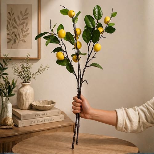 Image of Art Street Artificial Lemon Plant Stick with Yellow Fruits - Realistic Faux Lemon Branch for Home Decor, Vase Fillers, Kitchen & Festive Decoration, (Set of 2), 32 Inch