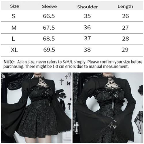 Image of Women Gothic Crop Top Shirt Y2K Black Bell Sleeve Shawl Cardigan
