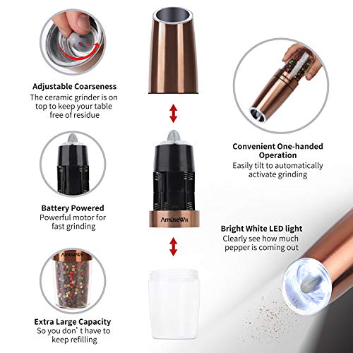 Electric Gravity Salt And Pepper Mill Set【White Light】- Battery Operated Automatic Salt And Pepper Mills With Light,Adjustable Coarseness,One Handed Operation,Cleaning Brush,Copper By Amusewit #TOP2
