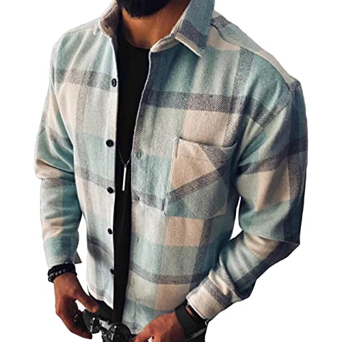 Maiyifu-GJ Men's Flannel Plaid Shirt Jackets Long Sleeve Checkered Button Down Shirts Regular Warm Outdoor Tops with Pocket (Light Blue,4X-Large)