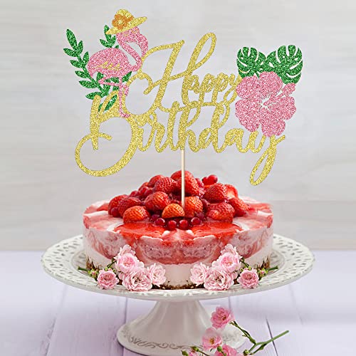 Glitter Flamingo Happy Birthday Cake Topper ,Hawaiian Luau Tropical Pineapple Theme Kids Boys Girls Party Decoration Supplies #TOP4