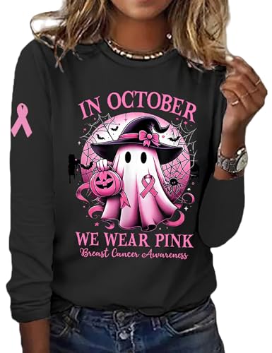 Breast Cancer Awareness Shirt Women in October We Wear Pink Halloween Ghost T-Shirt Pink Ribbon Warrior Tee Top