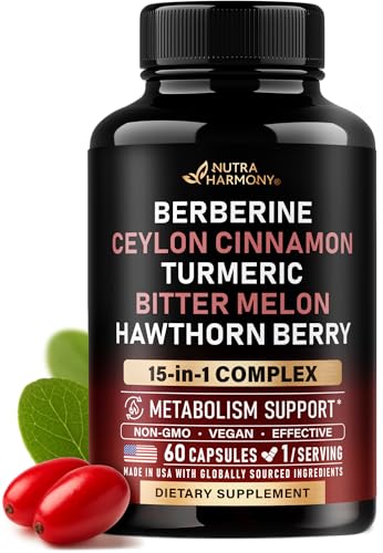 Berberine with Ceylon Cinnamon | Bitter Melon (Karela) | Apple Cider Vinegar | Hawthorn Berry | Citrus Bergamot | Turmeric - 15in1 Supplement for Heart Metabolism & Energy Support - Vegan 60 Capsules