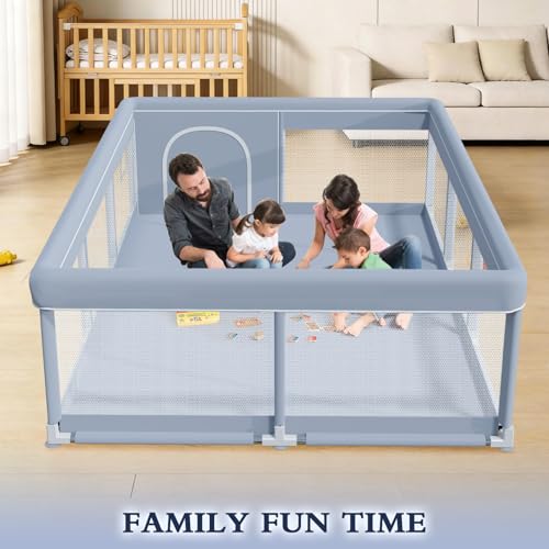 Image of XVISHX 74 x 50 Inch Baby Playpen, Playpen for Babies and Toddlers, Baby Play Pen Playard for Indoor & Outdoor Active Center Game Fence, with Skin-Friendly Fabric and Soft Breathable Mesh, Grey