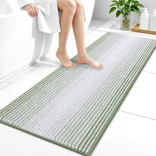 Image of OLANLY Bathroom Runner Rugs 47x20, Extra Soft Absorbent Chenille Striped Bath Rugs, Rubber Backing, Machine Wash Dry, Long Bath Mats for Bathroom, Tub, Shower, Home Decor Accessories, Sage Green