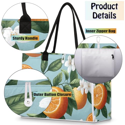 Orange White Flower Tote Bag for Women Large Beach Bag Reusable Tote Bags for Work Travel Beach Shopping4