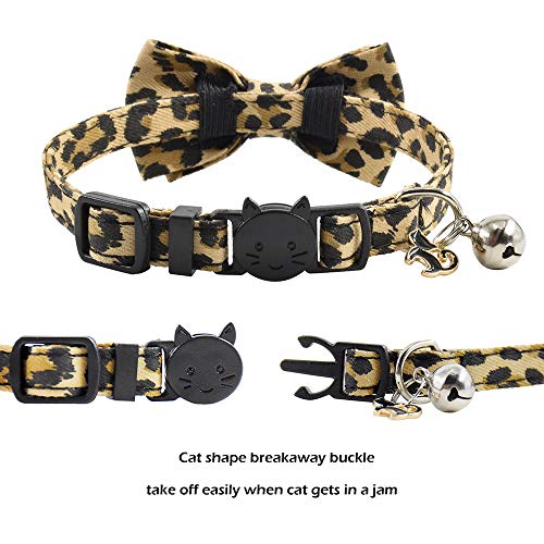 Image of Pipidog Cat Collar Breakaway with Bell and Accessories, Leopard Kitten Collar Bowtie for Kitty 20 Colors Adjustable 7.5-11in (Leopard)