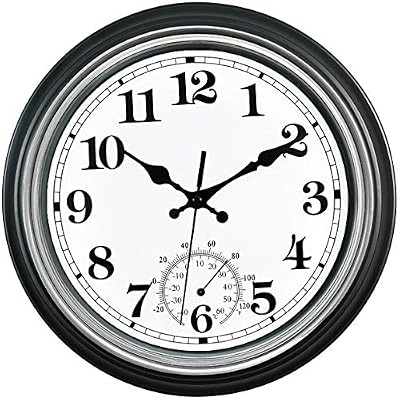 SMILEMARY 12-Inch Indoor/Outdoor Retro Silent Non-Ticking Waterproof Wall Clock with Thermometer,Battery Operated Quality Quartz Round Clock Wall Decorative for Patio/Home