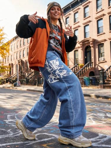 Image of EMMIOL Women Hip Hop 90s Vintage Baggy Jeans Denim Pants Mid Waist Jeans
