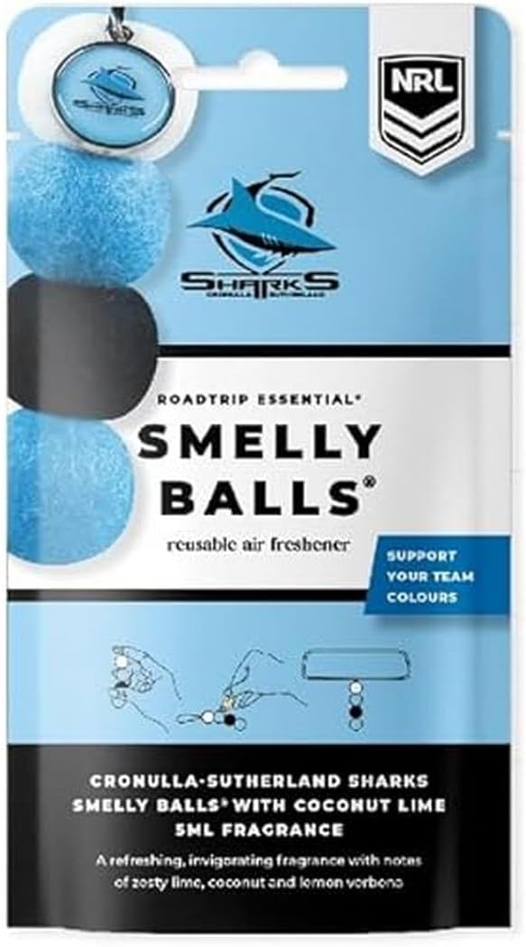 Smelly Balls Reusable Car Freshener - Cronulla Sharks, 4 Count + Fragrance Oil, Coconut Lime Verbena, Hanging Paper, Blue