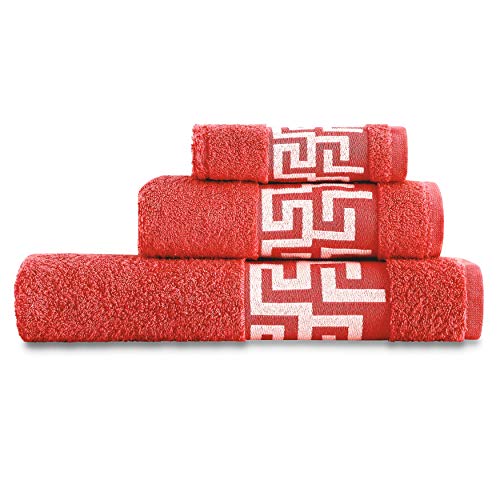 Vipalia Juego de Toallas de Baño 3 Piezas. Calidad Rizo 100% Algodón Egipcio 600 gr. Lisas. 3 Tamaños Tocador Lavabo y Ducha Sabana. Cenefa Dibujo Cesar. Color Rojo